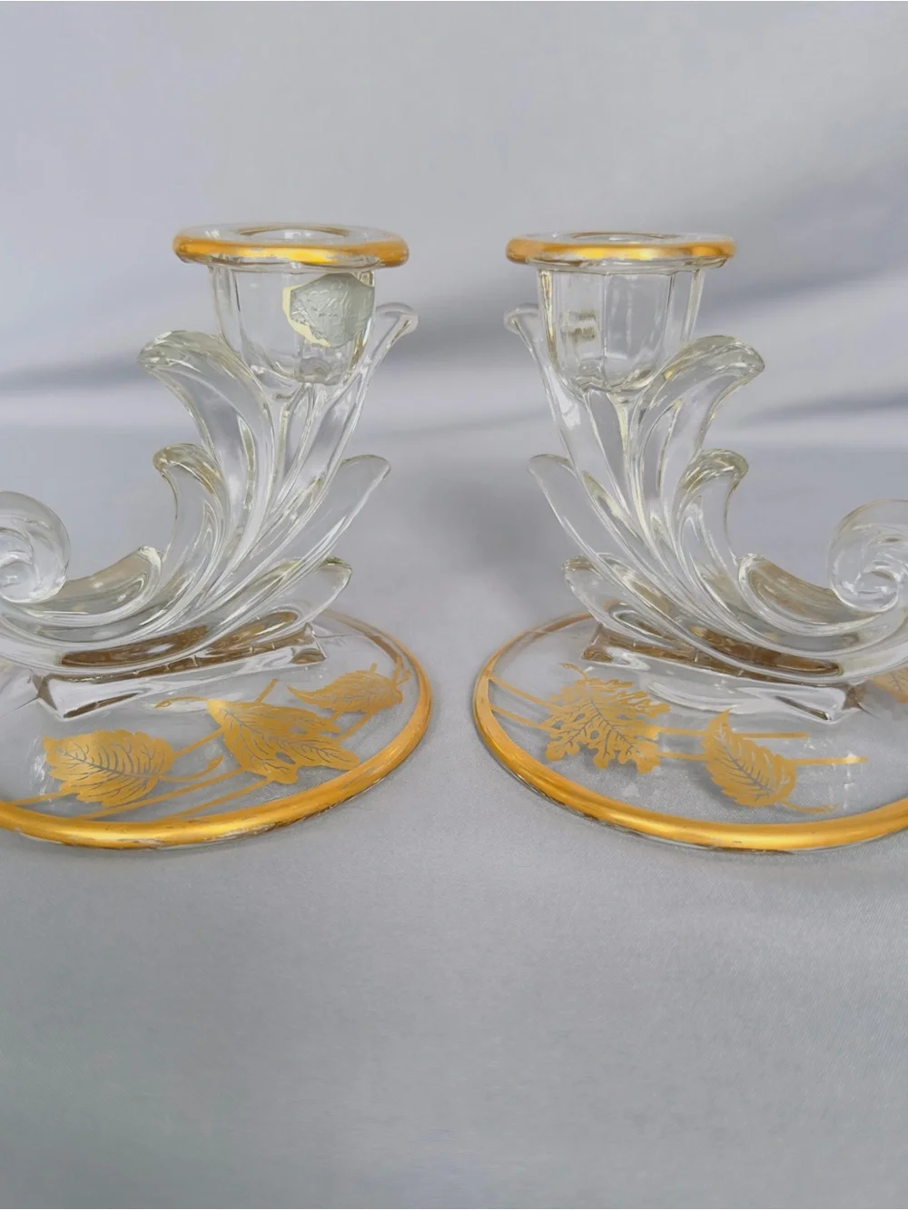 Vintage Fosteria Baraque Taper Candle Holders 22K Overlay Cornucopia Glass Art